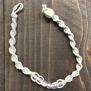Boho Hemp Macrame Anklet Bracelet Purple Glitter Beads Wood Button Closure